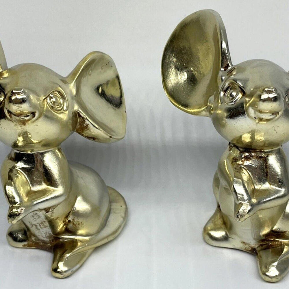 Vintage Mouse Figurines Gold Painted Ceramic MCM 5" Tall Japan